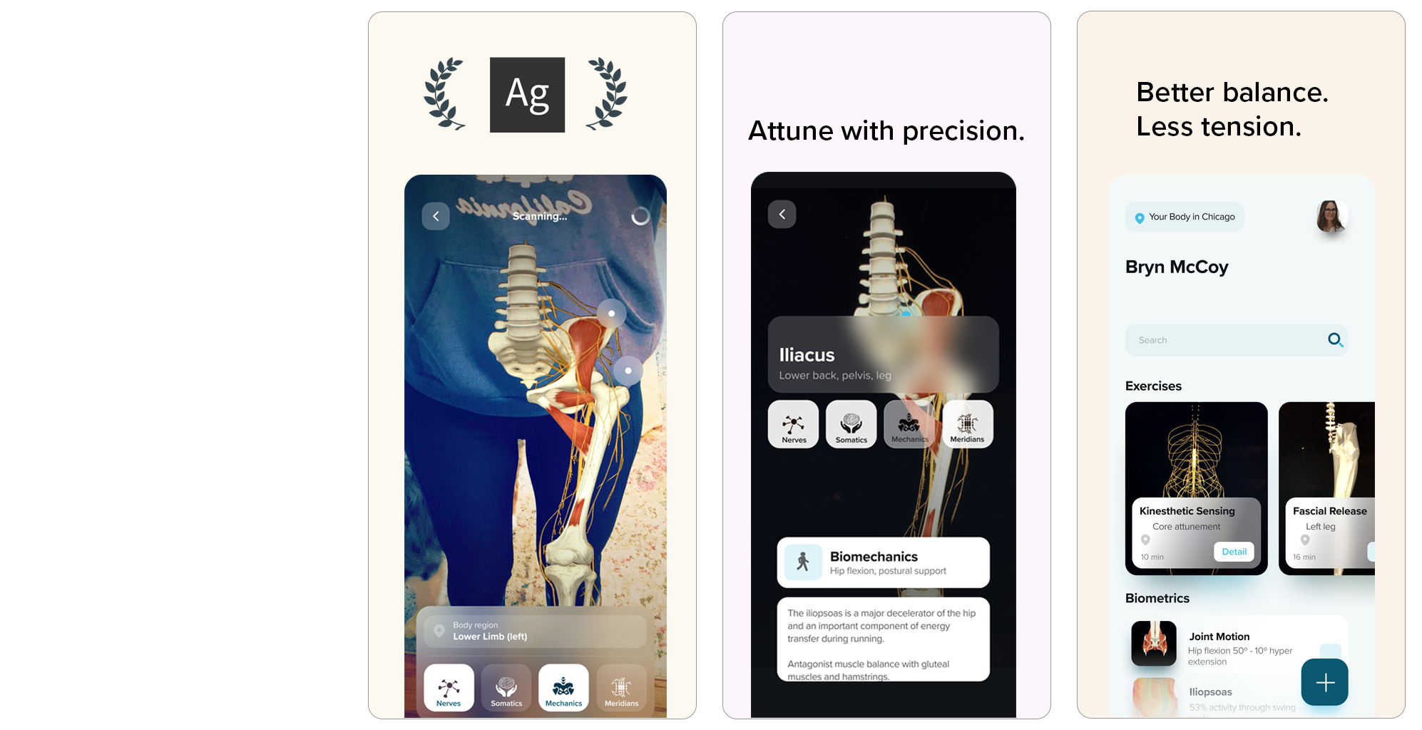 Three product screens: scanning, muscle detail with biomechanics, and a personal dashboard